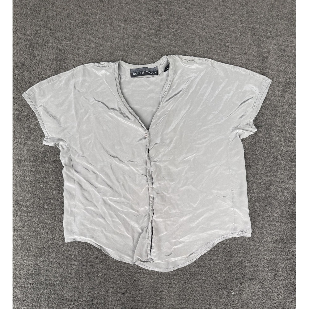 Linda Allard Ellen Tracy Silver 100% Silk V-Neck Short Sleeve Blouse Size 12